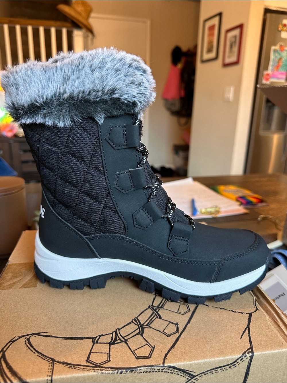 Women's Black Winter Boots with Gray Faux Fur Cuff